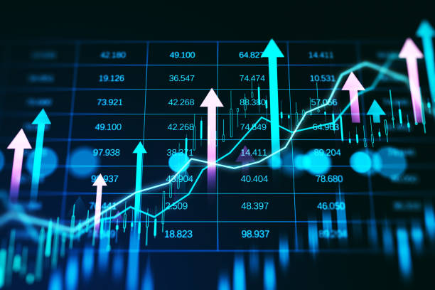 istock Rising stock market chart with glowing arrows on digital background. 3D Rendering 2206503993
