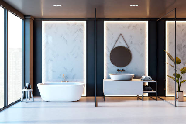istock Modern luxury bathroom with city view and elegant design. 3D Rendering 2206504907