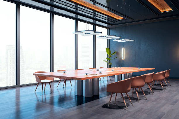 istock Modern conference room with wooden table and brown chairs. 3D Rendering 2206504911