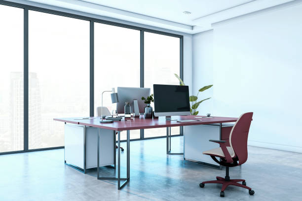 istock Modern executive office with large windows and city view. 3D Rendering 2206504951