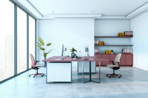 istock Modern executive office with glass windows and city view. 3D Rendering 2206504956