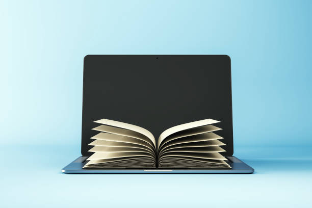 istock Open book placed on a laptop screen symbolizing online education and digital learning. 3D Rendering 2206505013