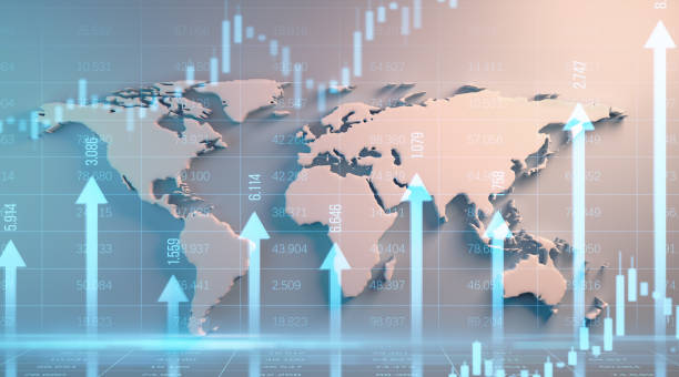 istock 3D world map with financial graph and upward arrows. 3D Rendering 2206505050
