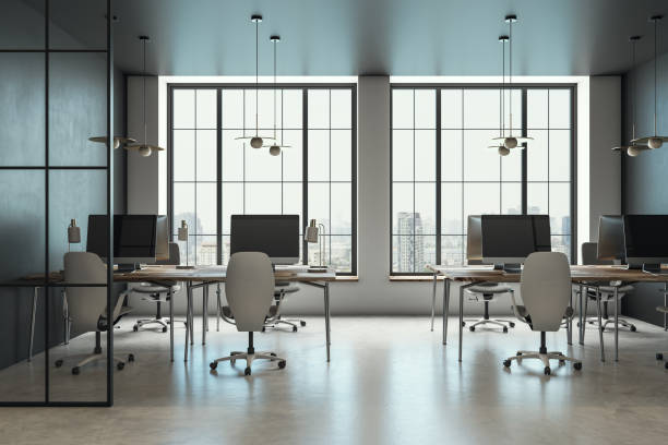 istock Modern office interior with large windows and city view. 3D Rendering 2206505370