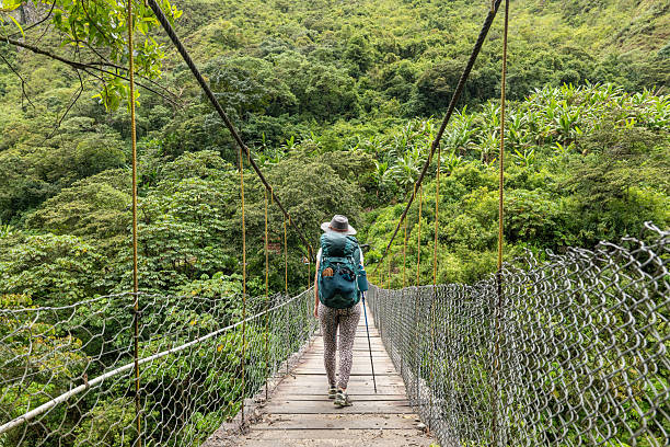 istock Hiker Crossing Suspension Bridge in Lush Forest 2206508817