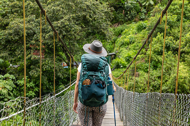 istock Hiker Crossing Suspension Bridge in Lush Forest 2206508834