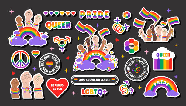 istock LGBT sticker set with LGBTQ rainbow elements, queer slogans, phrases and quotes. for Pride Month celebration. Vector illustration 2206513239