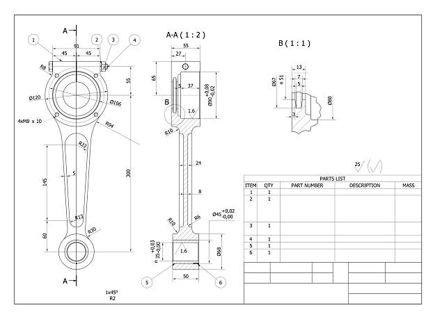 connecting rod technical drawing , structural design strategies, engine parts, model exercises,
