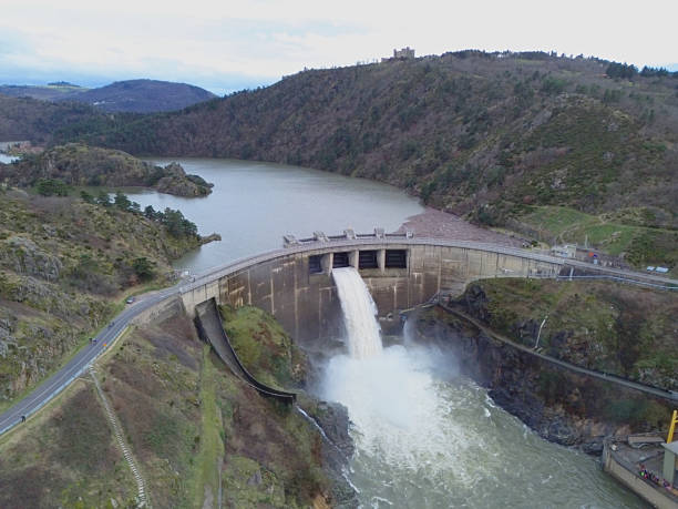 istock Grangent dam with an open valve seen from a drone 2206514869