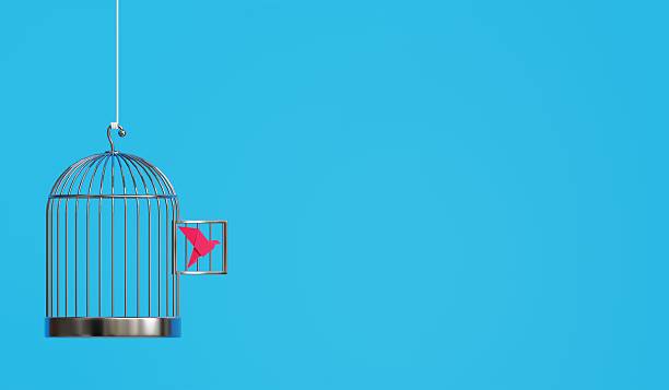 istock A pink paper bird escaping its cage against a vibrant blue backdrop. 3D rendered creativity at its finest 2206519701