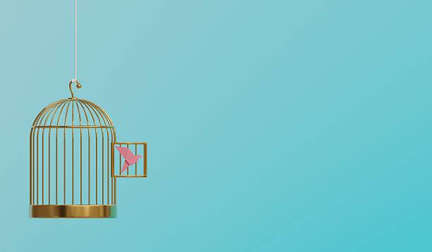 istock A pink paper bird escaping its cage against a vibrant blue backdrop. 3D rendered creativity at its finest 2206519765