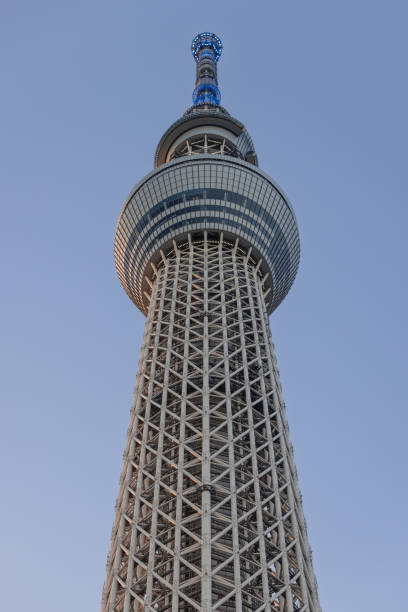 Tokyo Skytree captured from below with blue evening lights accentuating its intricate lattice framework and modern construction standing tall against the fading daylight