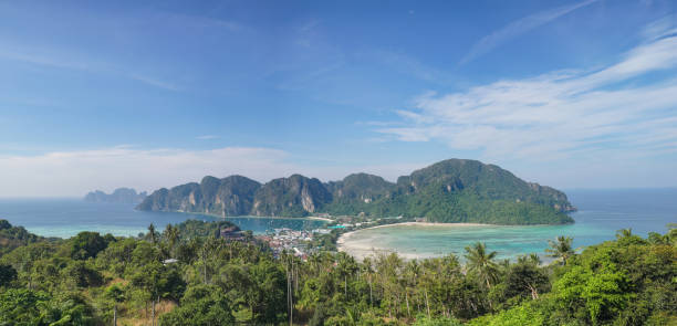 A wide angle shot of Phi Phi Island in Thailand showcases the tropical paradise with its unique rock formations, vibrant green vegetation, and clear turquoise sea. Palm trees line the coast, and the sky is a clear blue.