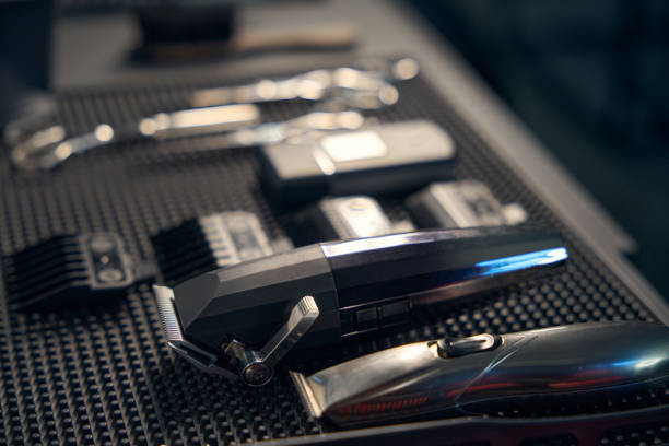 Close up of equipment on salon table ready for hair styling. Hairdresser, beauty salon service