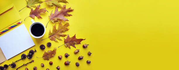 istock Autumn workplace with white cup of hot coffee, open notebook, pencil, paper envelope, autumn leaves, larch, acorn on bright yellow background. Work concept 2206525338