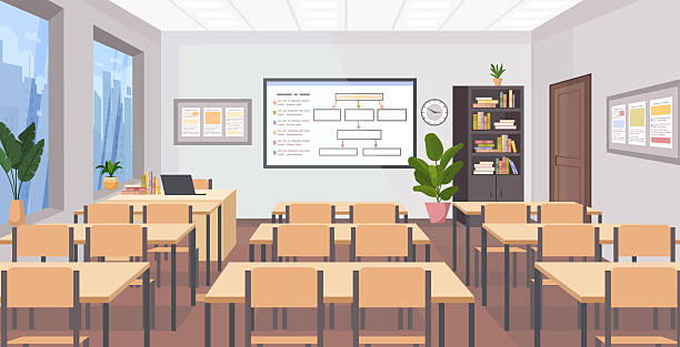 Empty school class room, college or university training room Empty school class room, college or university training room with chalkboard, teacher table, desks, bookshelf, houseplants, clock, chairs. Education concept. Vector illustration Not AI generated classroom stock illustrations