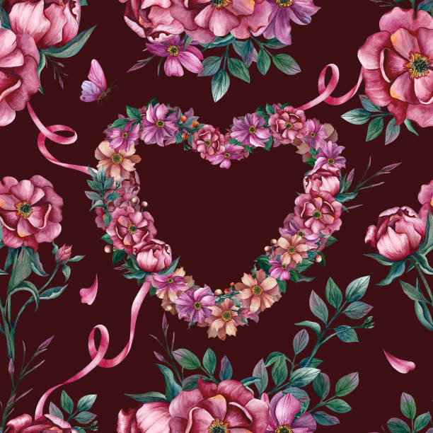 istock Seamless pattern with wreath from flowers in heart shape. Watercolor illustration on burgundy background. Hand drawn ornament for wrapping paper, packaging, scrapbook, gift. Girl Birthday, Women Day 2206535330