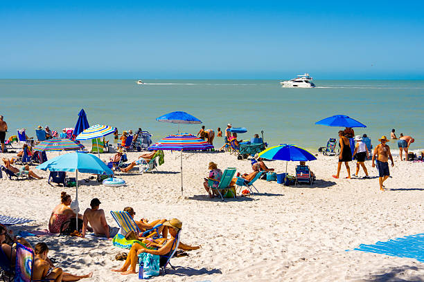 Beach cabanas line the pristine white sands of Clearwater Beach