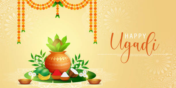 istock Happy Ugadi, New Year's Day according to the Hindu calendar - banner template design including Kalash, banana leaf, green mango, flowers, rangoli and diya. 2206539455