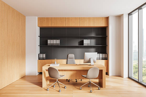 istock Modern office interior with wooden desk and chairs. 3D Rendering 2206542451