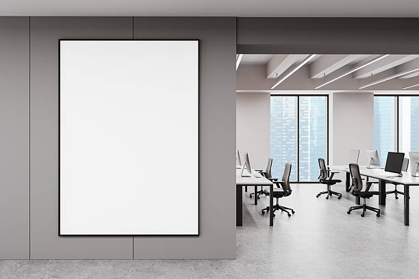 istock Blank white poster mockup in modern office interior. 3D Rendering 2206543075