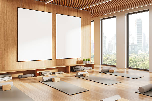 istock Yoga studio interior with blank posters on the wall. 3D Rendering 2206543085