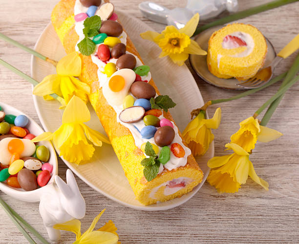 istock Easter roulade with chocolate eggs decoration 2206544386