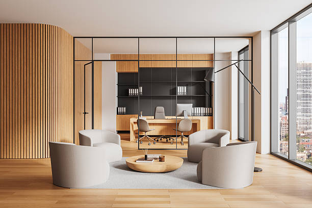 istock Modern Office Interior with Wooden Accents and Glass Partition. 3D Rendering 2206544454