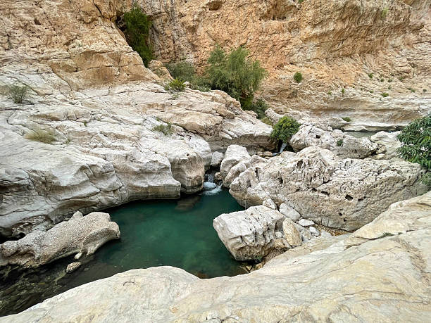 istock Serene Turquoise Pool Surrounded by Rugged Rocky Cliffs in Wadi Bani Khalid, Oman - Tranquil Natural Oasis in the Desert Landscape 2206544710