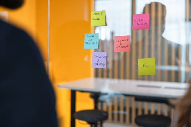 istock Colorful Sticky Notes On Glass Surface With Orange Background In Modern Office Space 2206549001