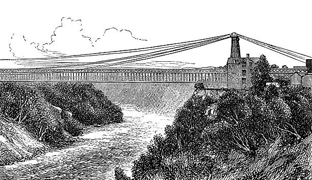The Niagara Falls Suspension Bridge in Ontario, Canada. The bridge stood from 1855 to 1897, and was the world’s first working railway suspension bridge. Vintage etching circa 19th century.