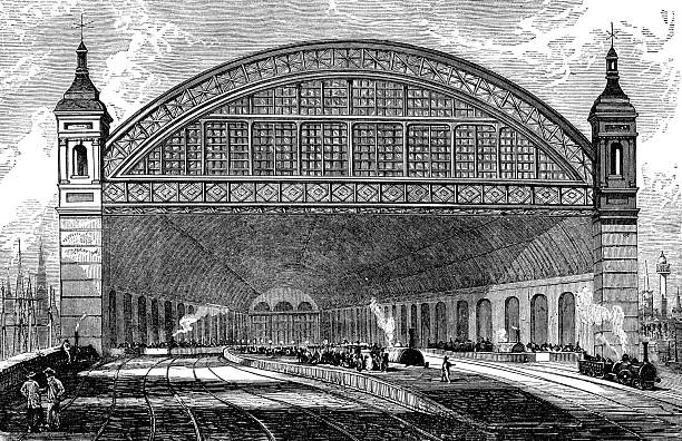 The original Cannon Street Station in London, England, UK. Vintage etching circa 19th century. Only the two towers remain today, and the modern station was built around them.