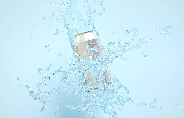 istock Soda can with water splash on blue background 2206549697