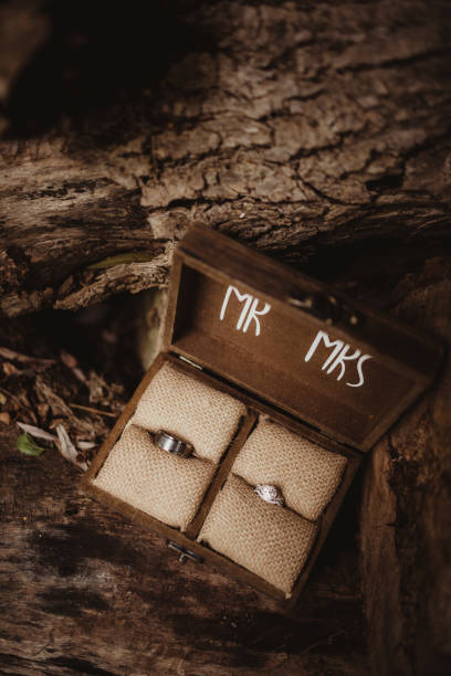 Wedding rings in Mr. and Mrs. wood jewelry box outdoors