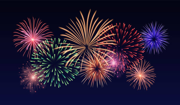 stockillustraties, clipart, cartoons en iconen met vector decorative border with colorful exploding fireworks in the sky - celebration card, festival banner - vuurwerkshow