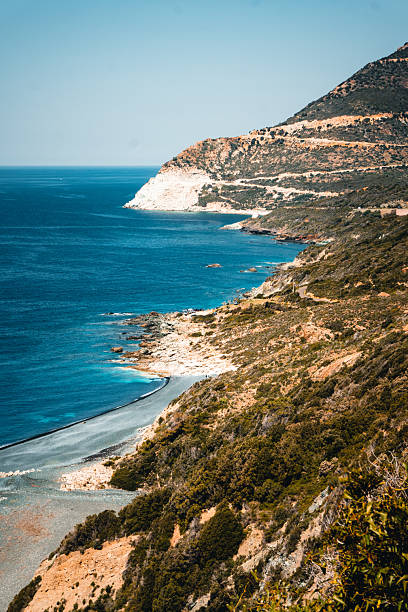 Elevated view of rugged coastline and sea, Corsica
