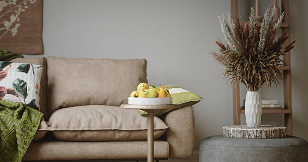 istock Retro Interior Design with Sofa, Decoration, and Fruits 2206581205