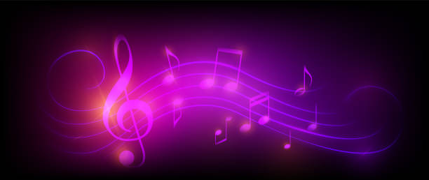 ilustrații de stoc cu note muzicale, cheie muzicală cu ilustrație vectorială de unde de foi. fundal de design neon melodie. concept audio în mișcare în negru și violet strălucitor deschis, simboluri sonore de culoare roz - muzică