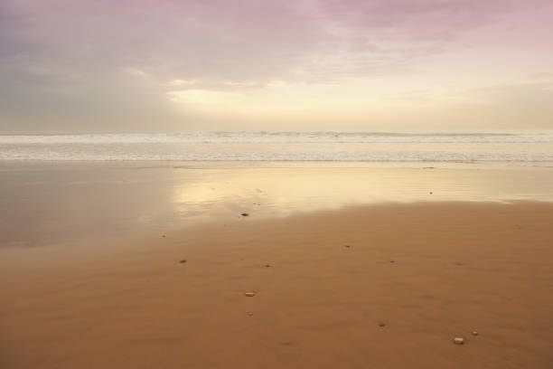 A tranquil coastal scene showcasing a sandy beach bathed in soft morning light, with gentle waves meeting the shore. The pastel sky creates a serene atmosphere, evoking peace and nature's beauty.