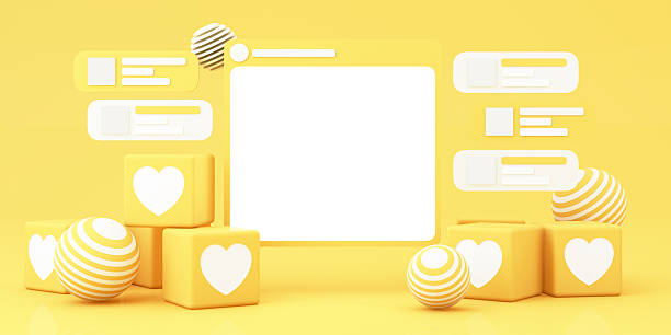istock Abstract social media concept with a blank post frame, surrounded by chat bubbles and heart-shaped blocks in a modern yellow aesthetic. 3d rendering. 2206591310