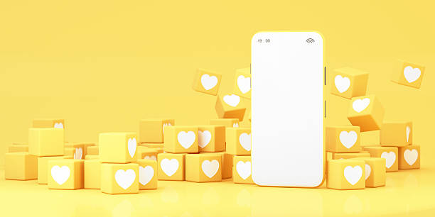 istock Abstract smartphone interface with floating heart-shaped blocks, representing social media engagement and online interactions in a bright yellow theme. 3d rendering. 2206591322