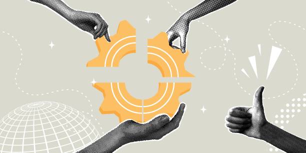 istock Trendy halftone collage. Teamwork makes dreams come true. The concept of partnership, to get a solution, work efficiency, optimization.Teammates connecting the parts of the gear together 2206595967