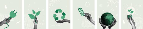 ein set modischer halbtoncollagen. das konzept einer zero-waste-lebensweise mit elementen der nachhaltigkeit. hände halten batterie, sprosse, recycling-schild, globus, glühbirne mit spross, grüne gabel - zero waste stock-grafiken, -clipart, -cartoons und -symbole