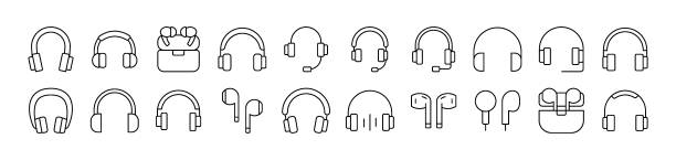 ilustrații de stoc cu căști și căști pachet de pictograme de linie. lovitură editabilă. pictogramă liniară minimalistă pentru designul cardurilor, aplicațiilor, bannerelor, postărilor - cască