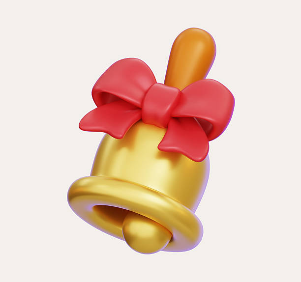 Golden bell with red ribbon bow isolated on white background. 3D render illustration.