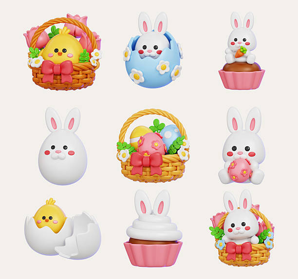 Festive set of 3D render Easter icons, featuring a cheerful chick basket, egg basket, cute bunny, and cupcake. Perfect for holiday decorations, greeting cards, and Easter-themed designs. Bright and joyful illustrations!\