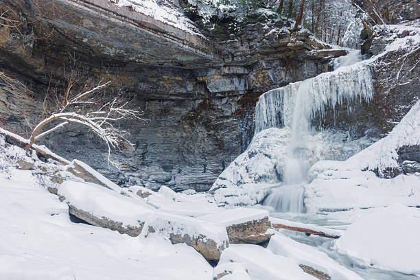 istock winter forest in the snow, frozen waterfall/cascade 2206603221