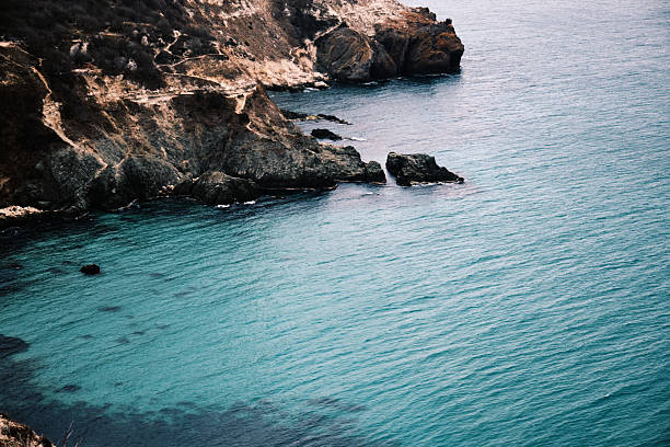 Overlooking the beach and boats anchored in Avalon Harbor, Avalon, Catalina Island California.