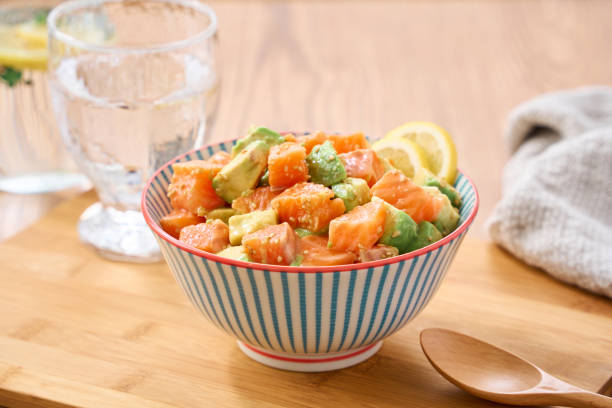 Salmon and Avocado Poke Bowl on a Japanese Dining Table
