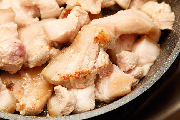 A pan of meat is cooked and has a crispy texture. The meat is cut into small pieces and is browned on the outside